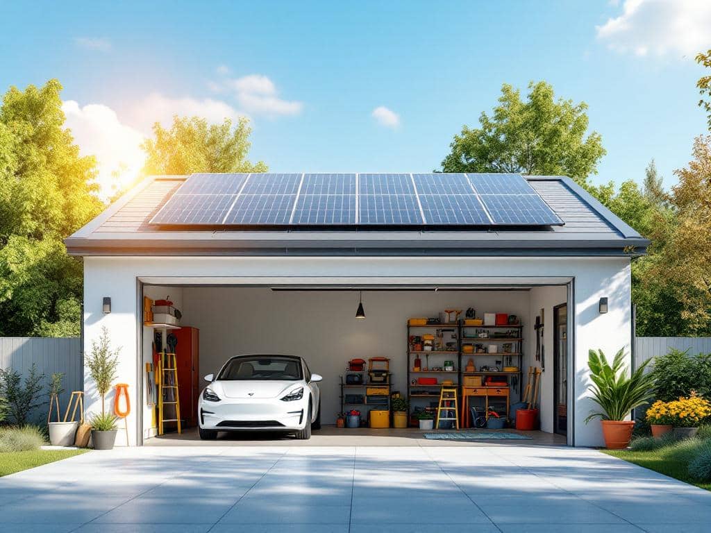 Panneaux solaires installés sur le toit d'un garage pour optimiser l'énergie
